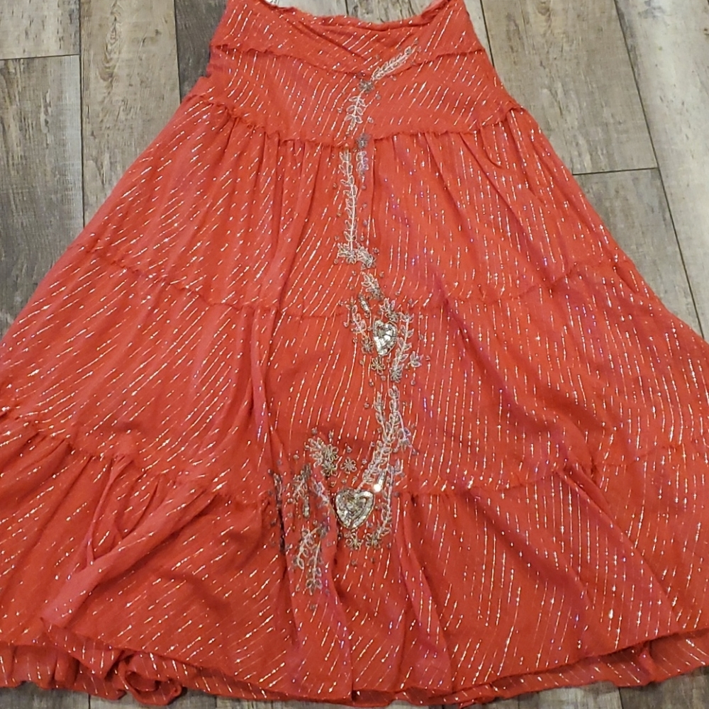 Silver embellished red gauze skirt